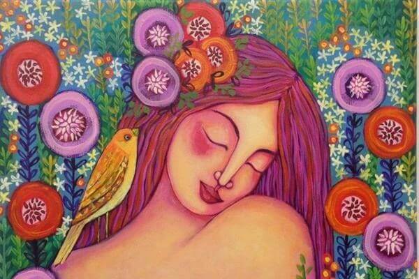 Vrouw En Vogel Omringd Door Bloemen, Iemand Die Weet Hoe Ze Moet Vliegen