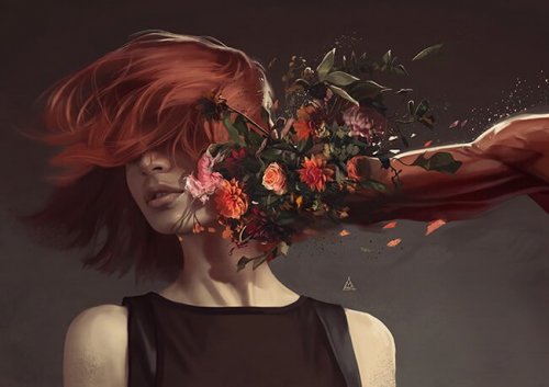 Vrouw die een stoot voor haar kop krijgt van een man die bloemen als vuist heeft