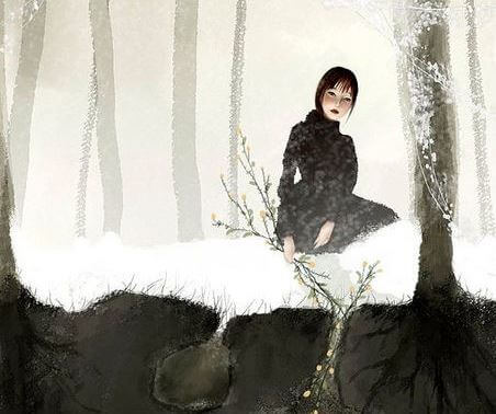 Vrouw Trekt Wortels Uit De Besneeuwde Grond Als Symbool Voor De Ontworteling Van Het Verlies Van Een Kind