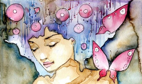 Waterverf schilderij van meisje en vlinders in het thema bevrijd jezelf van stress