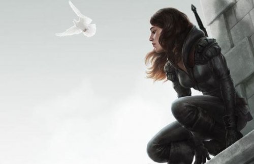 Meisje dat op de top van een gebouw zit en naast haar vliegt een witte duif 