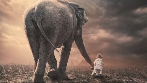 Klein meisje dat de slurf van een olifant vasthoudt en samen met hem door een verdord landschap loopt