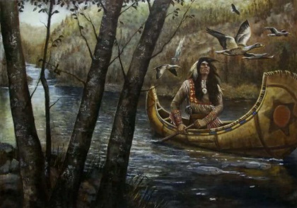 indiaan-kano Indiaan die in een kano vaart vanwege de sioux-legende