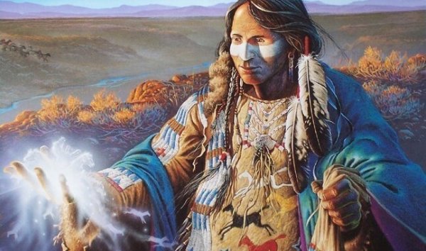 Indiaan die een spreuk uitspreekt vanwege de sioux-legende over relaties