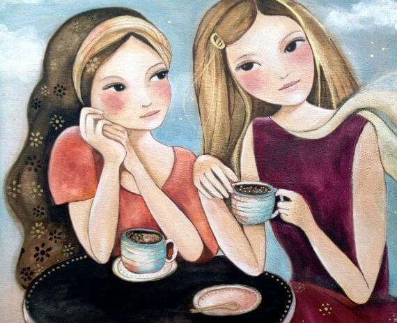 Twee meiden die na een van hun toevallige ontmoetingen koffie zijn gaan drinken