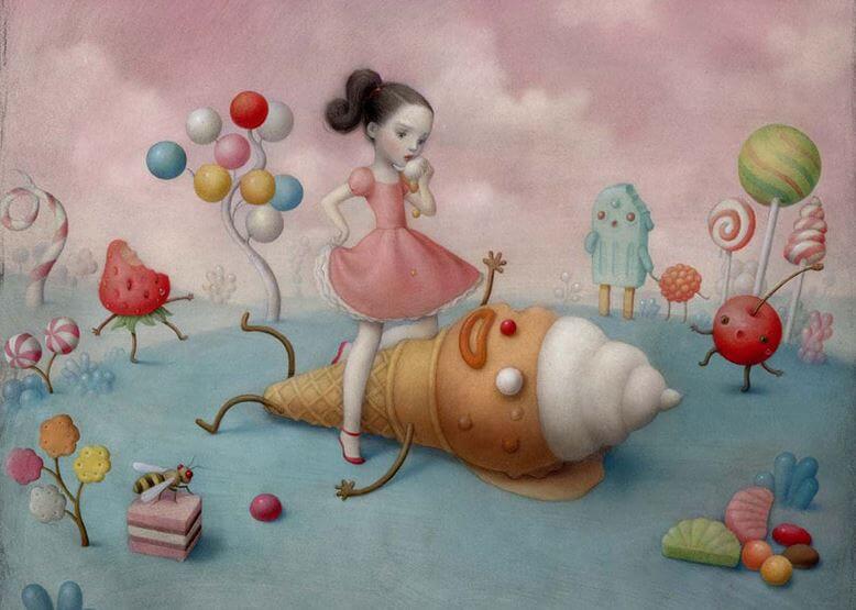 Meisje bevindt zich in een snoeplandschap, in het thema van emotie-eten.