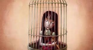 Meisje zit in kooi als symbool voor de gevangenis van emotie-eten.