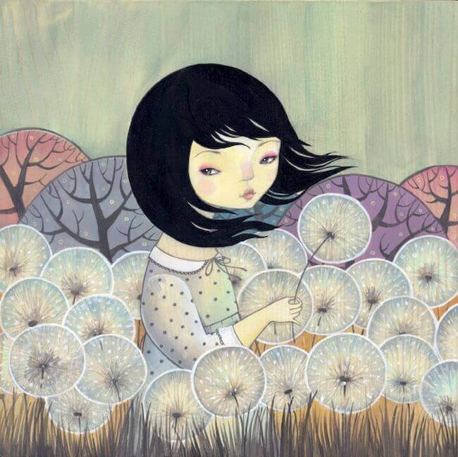 Meisje dat uitgebloeide paardenbloemen plukt.