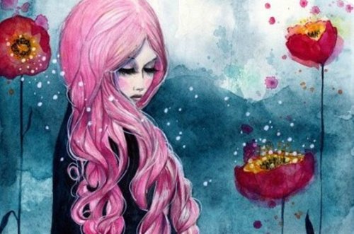 Meisje met roze haar dat tussen de klaprozen staat