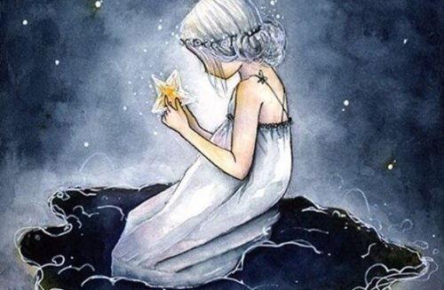 Meisje met wit haar en een witte nachtjapon aan die een ster vasthoudt want zij wil eenzaamheid voorkomen