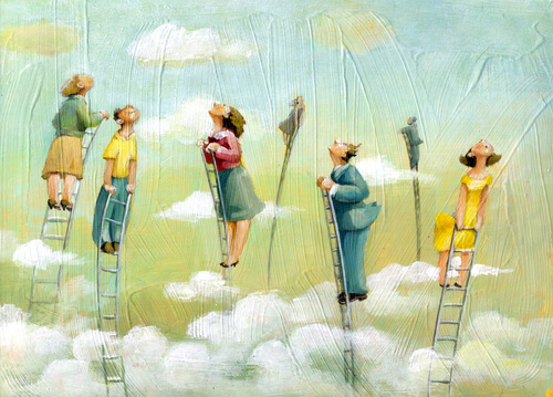 Mensen die hoog in de wolken op een ladder staan