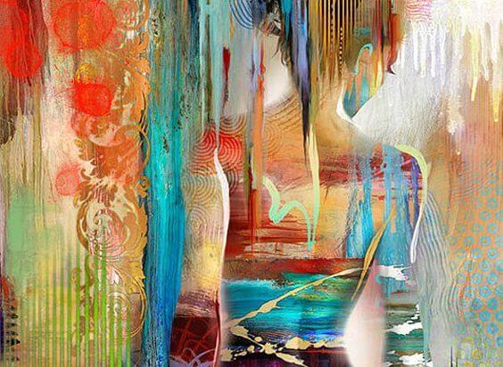 Kleurrijk schilderij van de rug van een vrouw