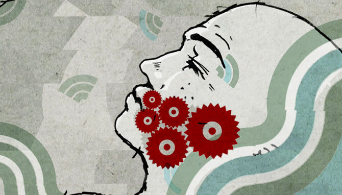 Afbeelding van een hoofd met schroeven in de kaak als symbool voor bruxisme