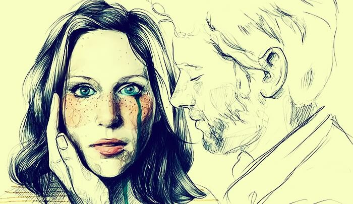 Vrouw die huilt en een man die haar zogenaamd probeert te troosten ook al is hij de bron van het relatiegeweld dat zij ondergaat