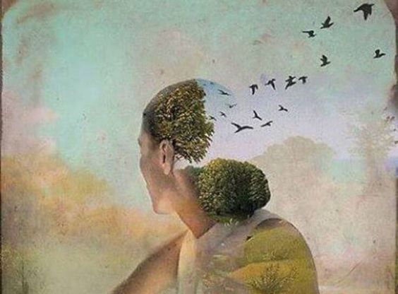 Vrouw wiens lichaam overgaat in bomen en vogels