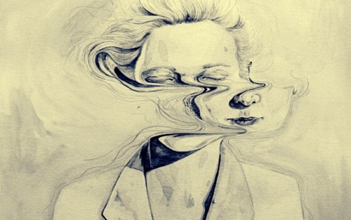 Het gezicht van een vrouw dat troebel wordt gemaakt omdat ze keer op keer een leugen vertelt