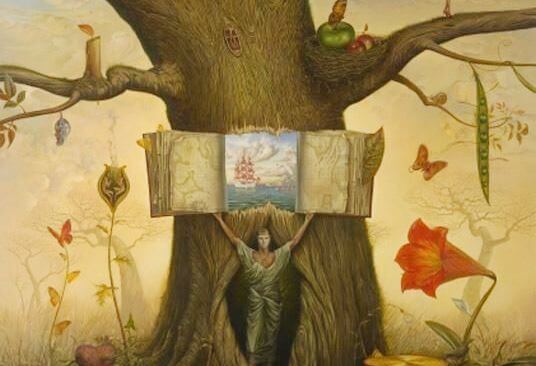Man die uit een boom komt met een boek in zijn handen, want hij wil diep ademhalen en zijn verhaal vertellen, maar zwijgen is soms beter