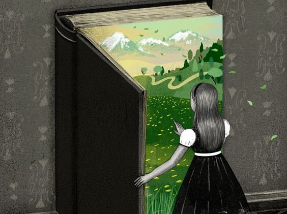 Meisje dat door een boek een nieuwe wereld kan betreden