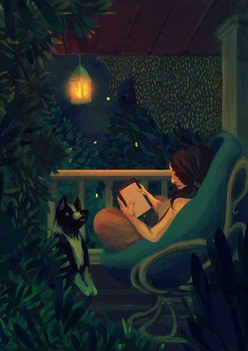 Meisje dat 's avonds op haar veranda een boek zit te lezen en denkt misschien moet ik mijn eigen boek schrijven