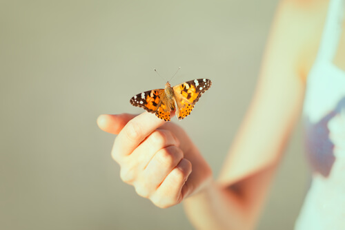 Meisje dat een vlinder op haar vinger houdt 