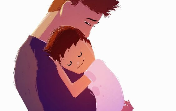 Een vader die zijn zoon knuffelt