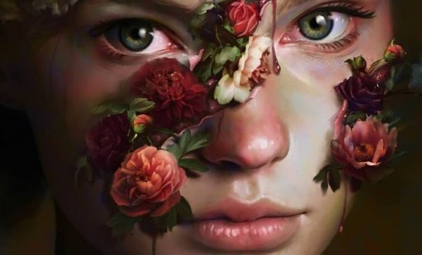 Braaf meisje met rozen op haar gezicht