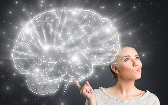 Vrouw uit wiens vinger een stel hersenen komt dat licht geeft