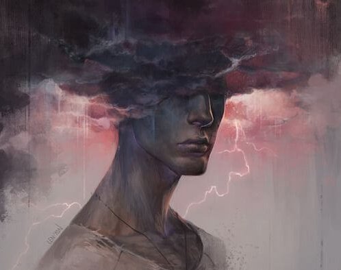 Man wiens hoofd vastzit in een donderwolk