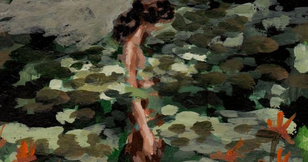Schilderij van een vrouw met waterlelies om zich heen