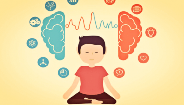 Man die mediteert en zijn twee hersenhelften met elkaar verbindt om zo mindfulness in het dagelijks leven toe te passen