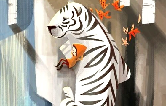 Kind dat tegen een witte tijger aanleunt