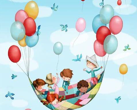 Kinderen die allemaal ballonnen aan een laken hebben vastgeknoopt om door de lucht te zweven