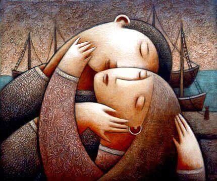 Twee mensen die elkaar hartstochtelijk omhelzen en hun ziel delen