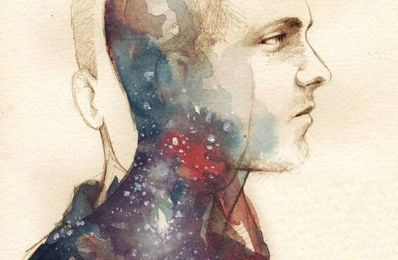 Waterverf tekening van een man die twee gezichten heeft want hij moet zijn zelfvertrouwen vergroten