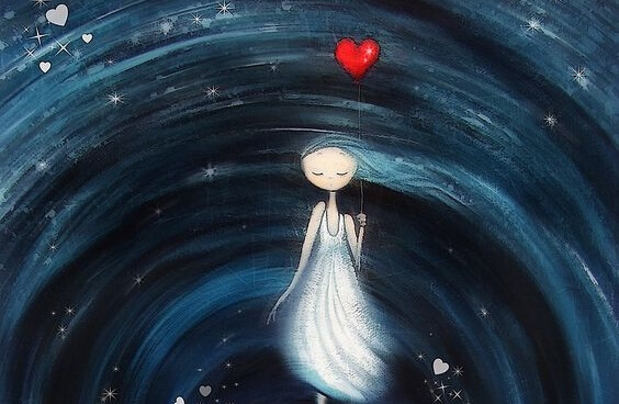 Meisje dat met een hartjesballon in een wervelwind staat en nadenkt over een beter leven