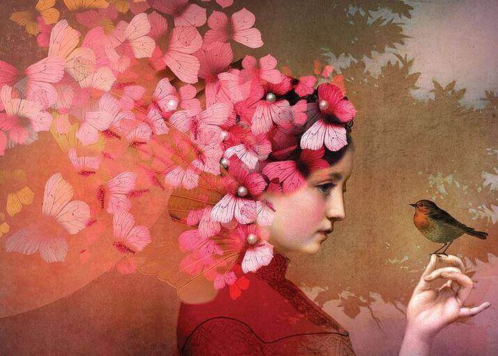 Meisje met allemaal roze bloemen in haar haar en een klein vogeltje op haar vinger