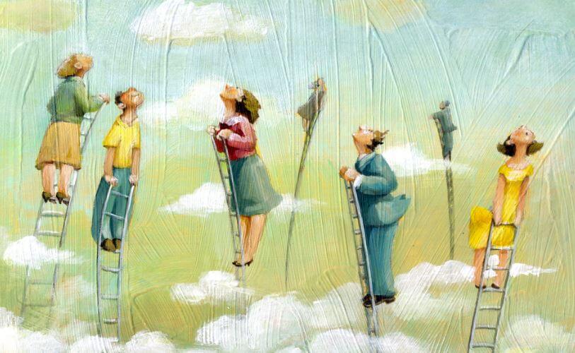 De beste mensen die allemaal op een ladder staan die helemaal tot de hemel reikt