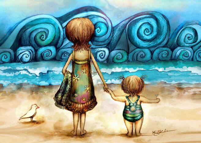Moeder en dochter samen op het strand