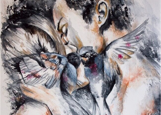 Schilderij van twee mensen die elkaar hevig zoenen, maar niet vanuit aanhankelijkheid