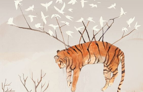 Tijger die wordt gedragen door vogels