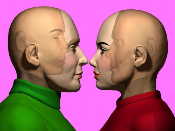 Het gezicht van een man en een vrouw waarin nog een gezicht te zien is als voorbeeld van inlevingsvermogen