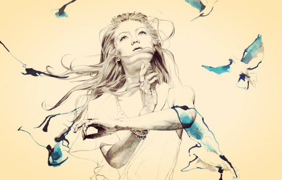 Tekening van een meisje tussen allemaal blauwe vogels