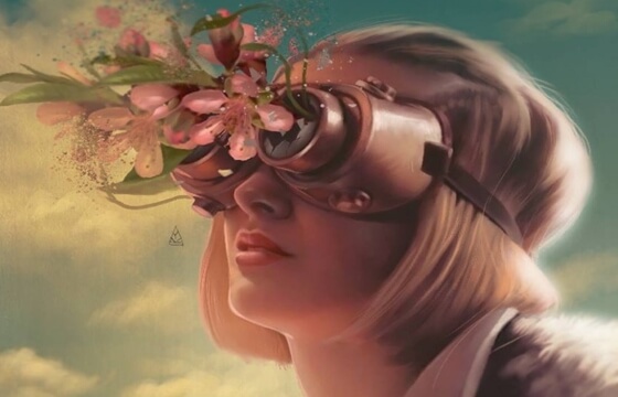 Vrouw met een masker op waar bloemen uit groeien