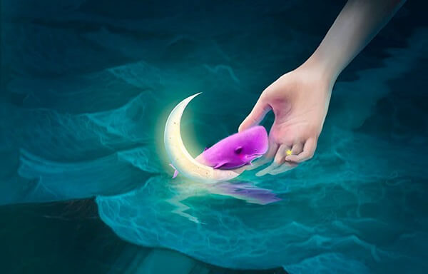 Paarse walvis die drijft op de maan