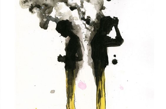 Inktwolken in de vorm van twee mensen die met hun rug naar elkaar toegekeerd staan als antwoord op de vraag wat maakt iemand empathisch?