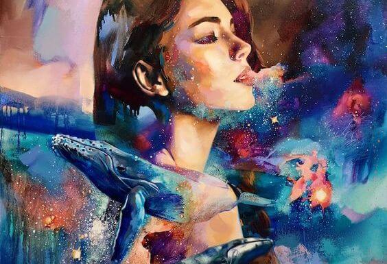 Vrouw met walvissen om haar heen heeft last van de gevolgen van angst