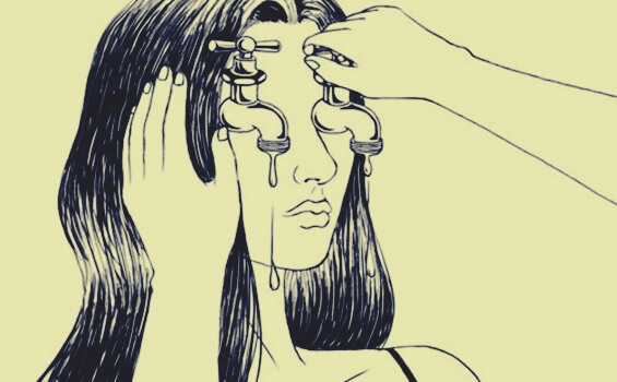 Door angst blijven de ogen van een meisje lopen als een kraan