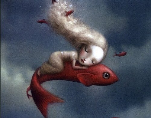 Meisje dat een vis omarmt