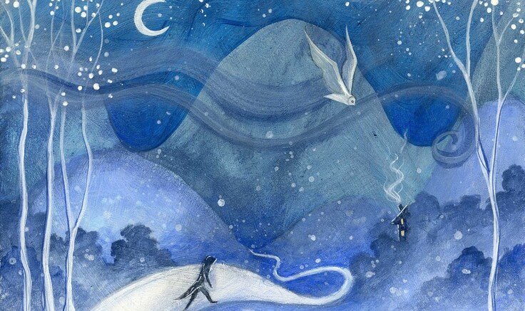 Persoon die door een besneeuwd landschap loopt