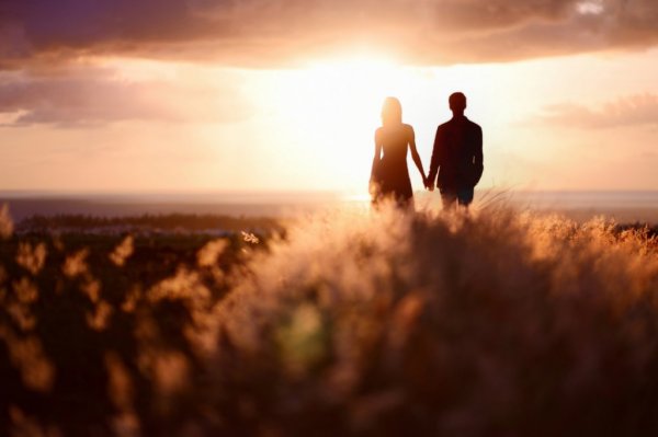 Chemie van de liefde zichtbaar in twee mensen die elkaars handen vasthouden bij ondergaande zon